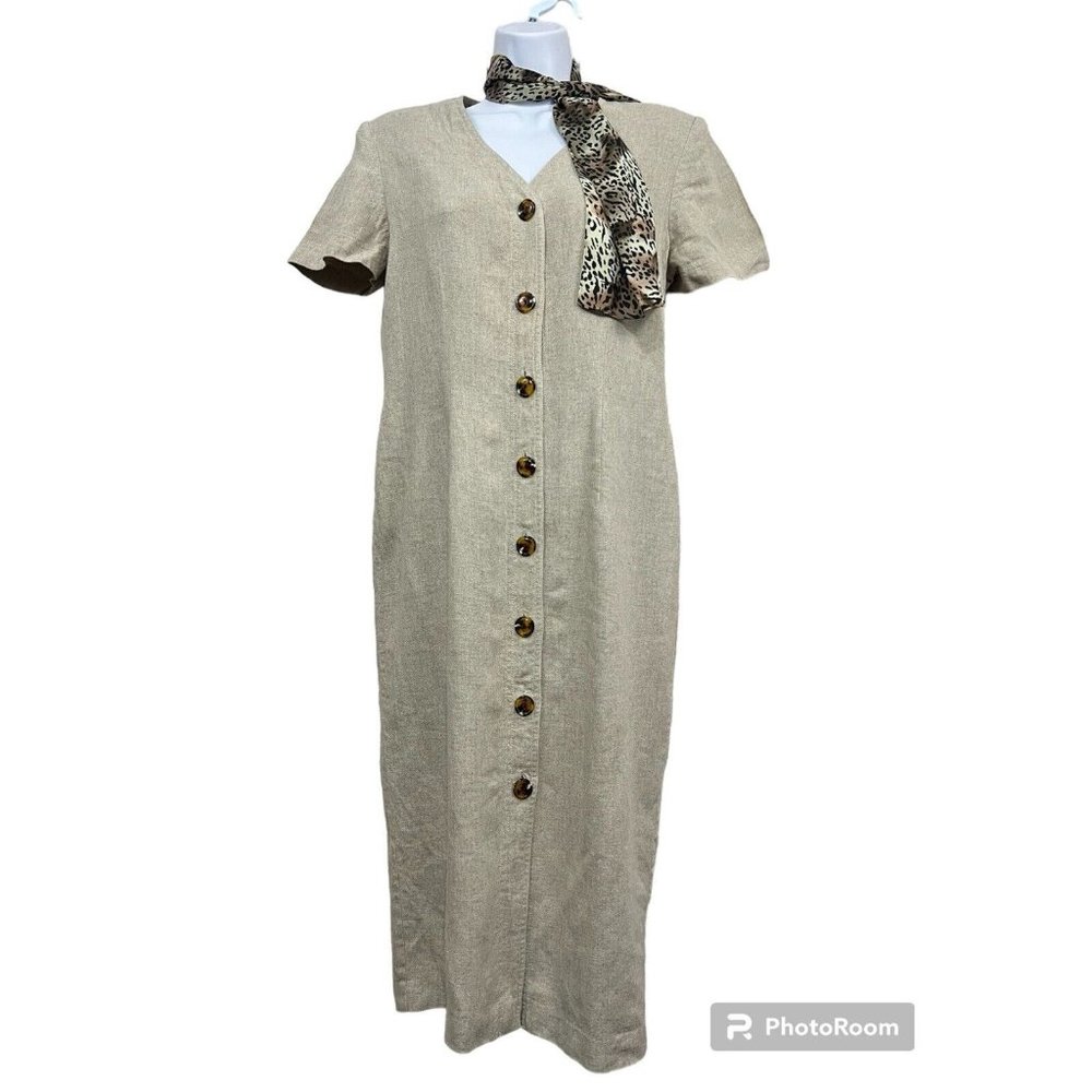 Vtg 90s Button Front Dress Petite Sz 10P Tan Linen Blend Midi Animal Print Scarf